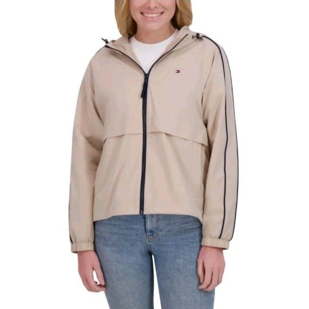 Tommy Hilfiger Womens Windbreaker Jacket Brown‎ High-Low Hem Mesh Lining Large